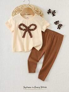 Cozy Pixies 2pcs Baby Girl Butterfly Knit Soft Round Neck Short Sleeve Top And Elastic Waist Pants Set - Brown - View 3