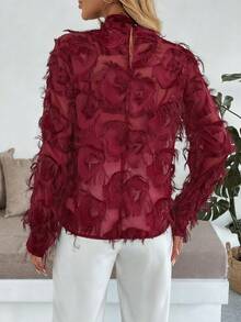 Rafferiza Women's Fashionable Black Fluffy Long Sleeve Shirt - Burgundy - View 2