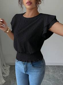 Elenzga Women's Ruffle Sleeve Casual Vacation Jacquard Round Neck T-Shirt - Black - View 4