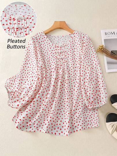 Linhara Plus Size Women's Ruffle Collar Polka Dot Puff Sleeve Shirt, Casual & Comfortable
