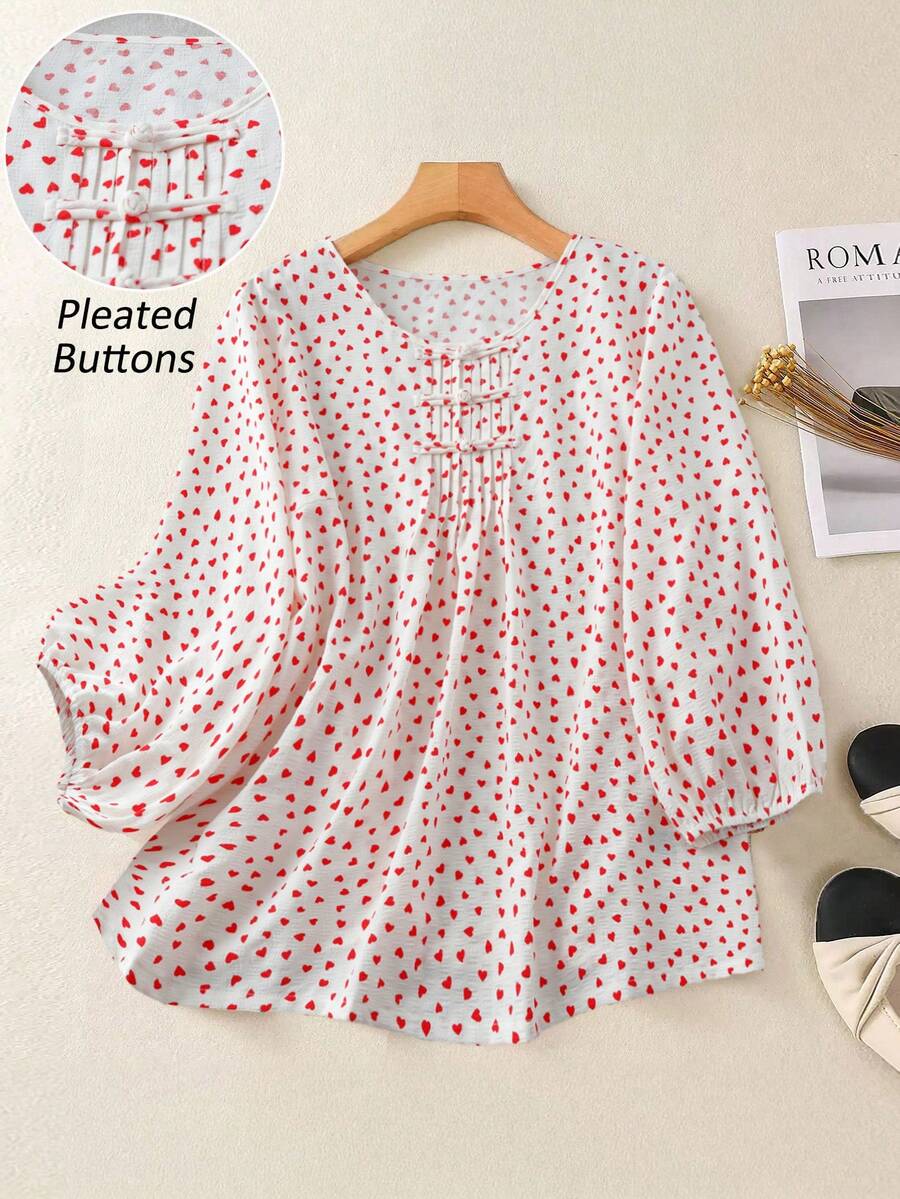 Linhara Plus Size Women's Ruffle Collar Polka Dot Puff Sleeve Shirt, Casual & Comfortable - Red - View 1