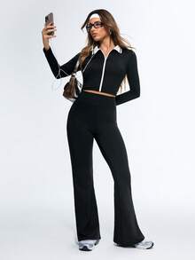 Eassivo Eassivo Damen Farbblock Kragen Raglanärmel Crop Reißverschluss Sport Set - Schwarz - Übersicht 2