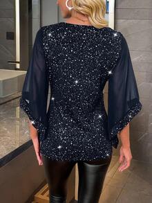 EMERY ROSE Women's Elegant Silver Foil Mesh Patchwork Blouse - Royal Blue - View 2