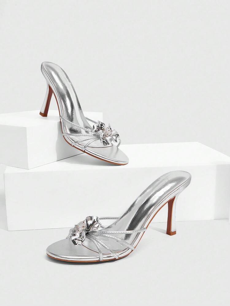 CUCCOO SZL Women's Floral Decor Buckle Pointed Toe 9cm Sexy Metallic PU High Heel Sandals, Suitable For Dates And Parties Spring Shoes Prom Heels