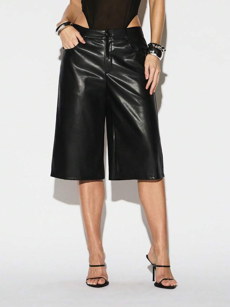 KIZN Wide Leg PU Leather Shorts With Belt