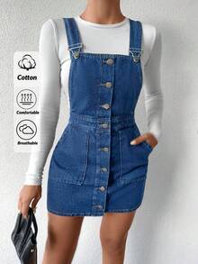 SHEIN PETITE Petite Mini Button Detailed Rigid Denim Dress - Dark Wash - View 1