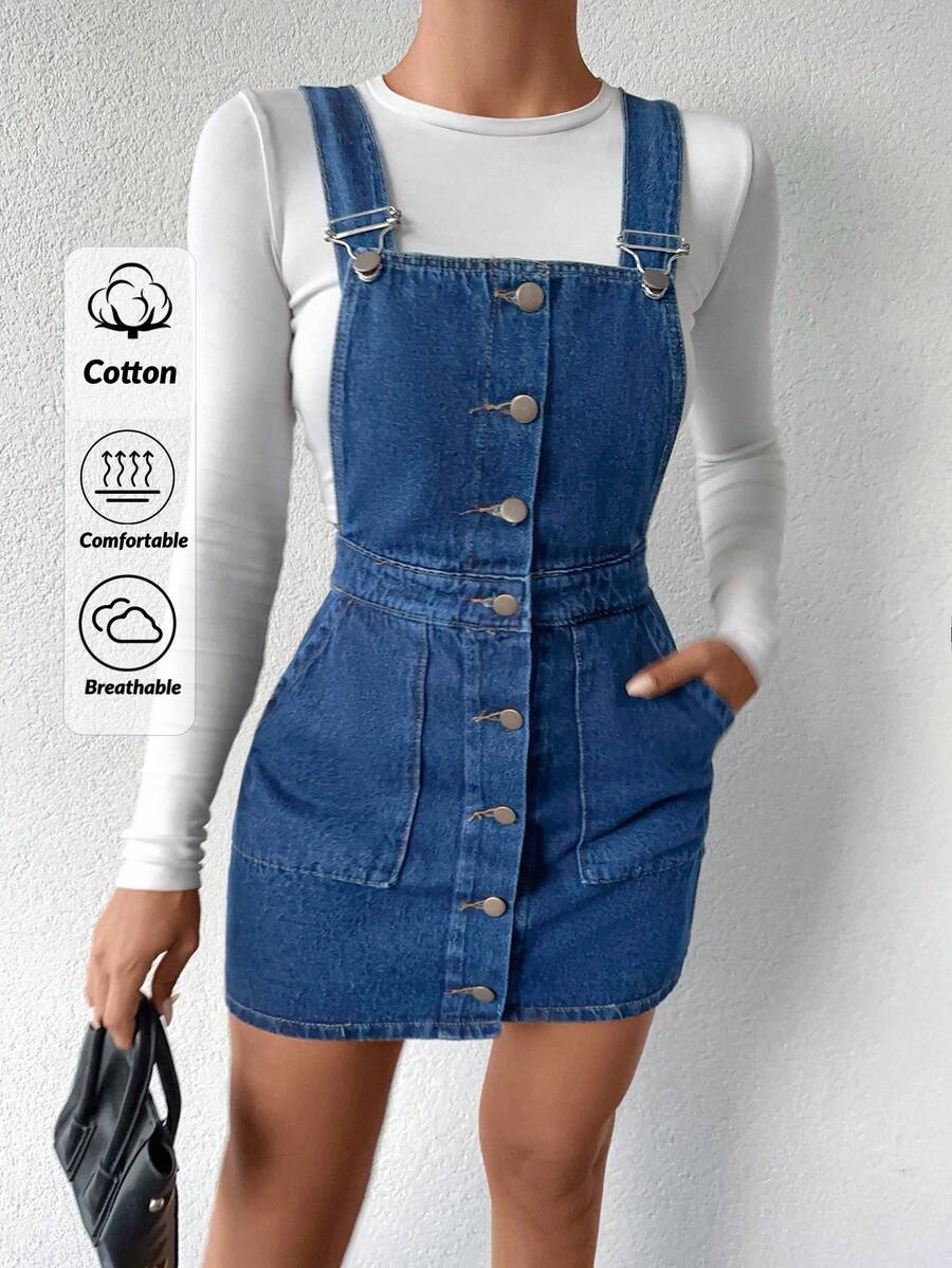 SHEIN PETITE Petite Mini Button Detailed Rigid Denim Dress - Dark Wash - View 1