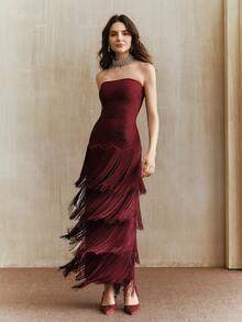 Anewsta Women's Autumn/Winter New Heavily Embellished Rhinestone Multi-Layer Tassel Bandeau Dress, Christmas - Burgundy - View 5