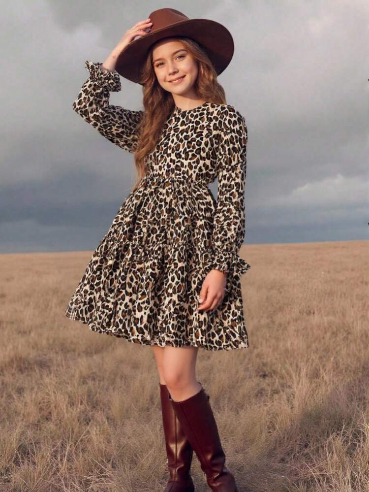 SHEIN Vestidos de outono para meninas adolescentes, de veludo cotelê leopardo, bege escuro, estampa floral empoeirada, manga bufante, gola com babados, para uso diário no outono e inverno, vestidos de inverno para férias, estilo boho - Caqui - Ver 1