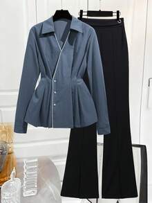 Franclia بدلة نسائية مكونة من قميص ذو ياقة متقاطعة وحواف ملونة وبنطال ذو ساق واسعة، مناسبة للعمل والكاجوال، للربيع والخريف - متعدد الألوان - مشاهدة 3