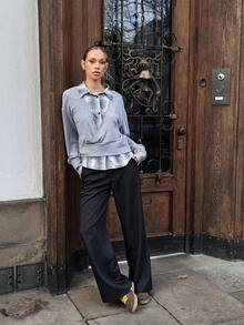 Modviera 2-In-1 Faux Brushed Plaid Shirt Collar Commuter Outfit, Elegant Style For Autumn Grey Wrap Top Wide Leg Pants Black Pants Blouse And Pants Set Plaid Top