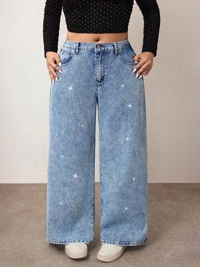 Enliva Quần jeans ống rộng đính kim cương giặt cỡ lớn Quần ống rộng ngày của mẹ Quần ống rộng mùa hè Y2K Streetwear Club Graduation Airport Phong cách Old Money
