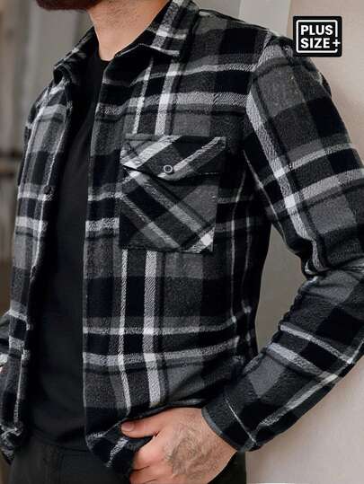 Manfinity Homme Chaqueta casual a cuadros de talla grande para hombre, otoño/invierno