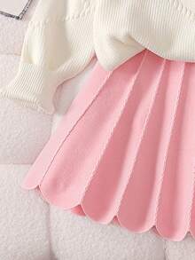 SHEIN Bộ trang phục 2 món cho bé gái tuổi teen, áo len đan kết hợp với nơ xinh xắn và chân váy xếp ly, mềm mại và thoải mái, thích hợp cho mùa đông - Hồng - Xem 3