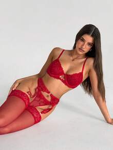 Aloruh Elegante Damen Rot 3/4 Ärmel Spitze Raffung, geeignet für Herbst/Winter, Neujahr, Partys, Treffen, einfarbiges Spitzenband dekorierter Spitzen-Lingerie-Set 5 Packungen Blumenstickerei Mesh BH-Strumpfhalter Lingerie-Set Braut Lingerie
