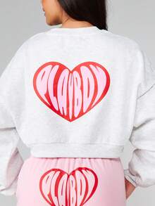 Missguided x Playboy Women Heart Graphic Crop Sweatshirt Valentine Long Sleeve Love Print Pullover Casual Top - Light Grey - View 4