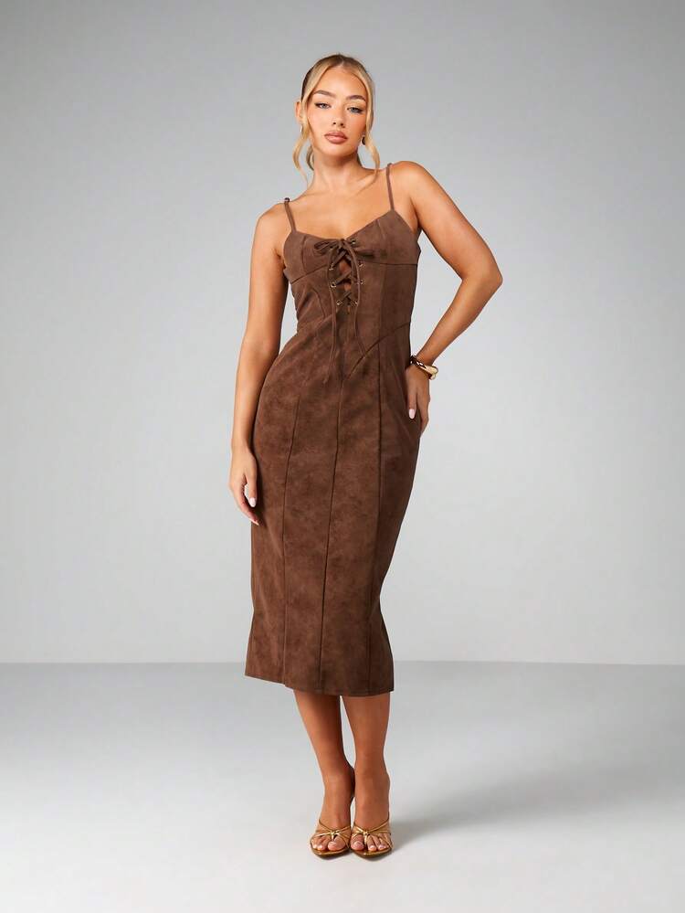 MISSGUIDED Suede Lace Up Front Midi Dress With Adjustable Straps And Back Slit For Fall Winter Occasions