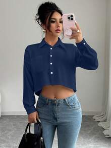 Elenzga بلوزة نسائية بأكمام طويلة وياقة مستديرة وأكتاف منسدلة - أزرق غامق - مشاهدة 3