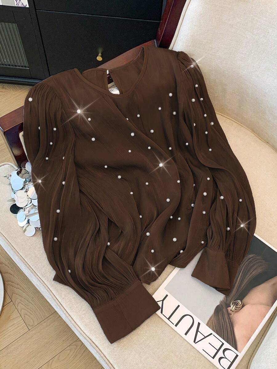 GlowEve 标准尺码女士法式奢华串珠衬衫 - 咖啡棕 - 查看 1