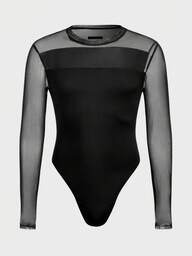 FeverCity Men's Sexy Mesh Patchwork Sheer Long Sleeve Bodysuit, Spring/Summer/Autumn
