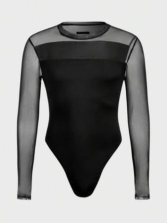 FeverCity Men's Sexy Mesh Patchwork Sheer Long Sleeve Bodysuit, Spring/Summer/Autumn