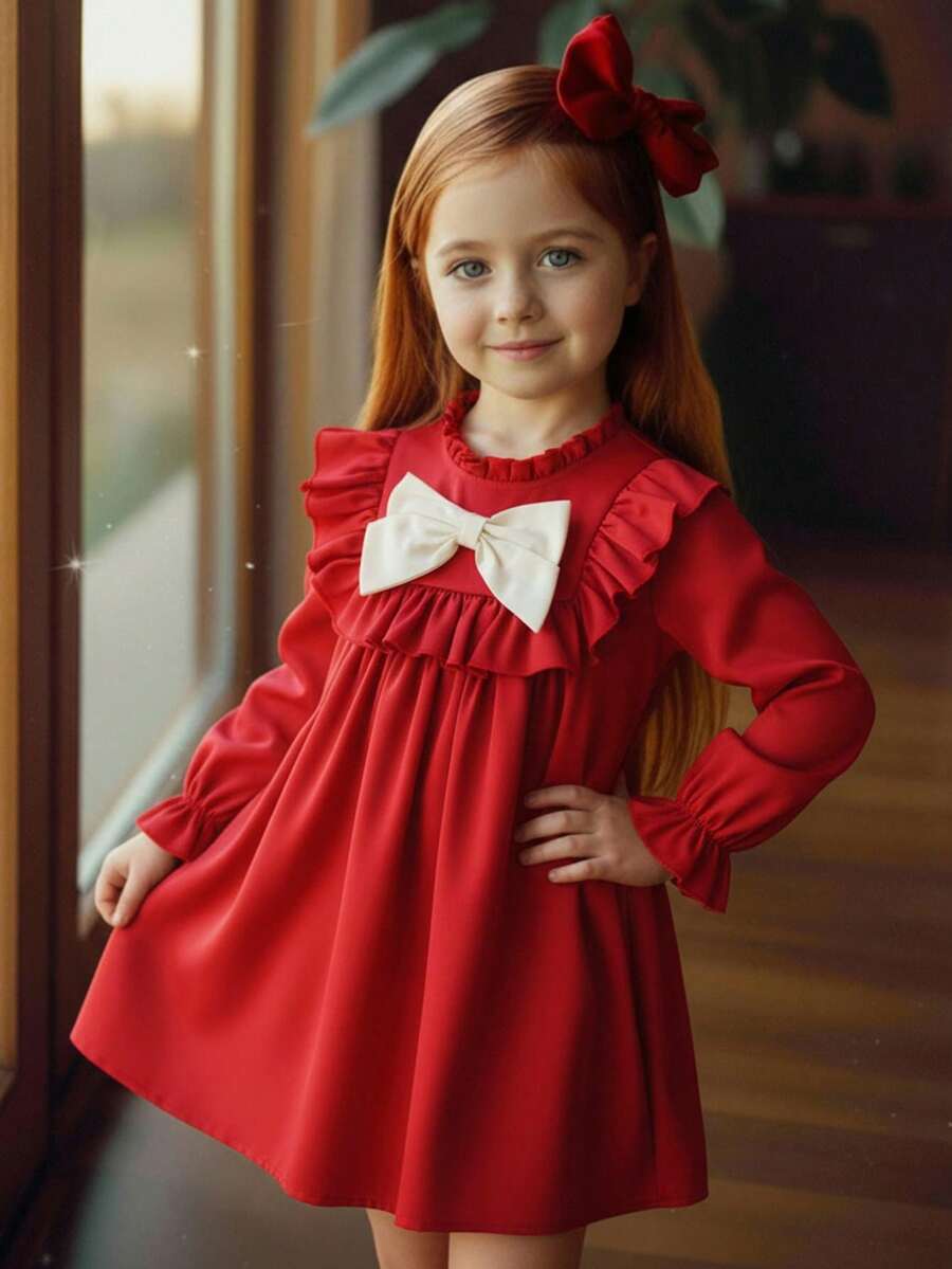 SHEIN 女童优雅红色格子拼接蝴蝶结装饰长袖荷叶边宽松连衣裙，适合圣诞节、秋冬季、派对、上学、日常休闲穿着 - 紅色 - 查看 1