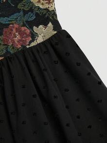 Sweetra 大码女式提花印花拼接抹胸系带喇叭袖连衣裙 - 黑色 - 查看 4