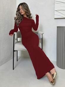 Jemour Women's Simple Daily Date, Elegant Party, Long-Sleeved, Tight-Fitting, Sexy Solid Color Stretch Knitted, Sloping Shoulder Collar, Romantic Date, Autumn And Winter Bottoming Knitted Dress, Night Out Dress, Halloween And Christmas Long Dress - Burgundy - View 5