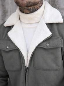 Manfinity Homme Áo khoác da nam màu xám ấm áp, kiểu dáng thường ngày, cổ bẻ, có khóa kéo, tay áo và vạt áo thông thường, làm từ chất liệu tổng hợp. - Xám - Xem 4