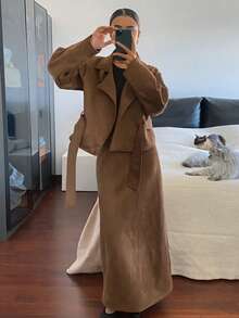 Livesso Women's Wool Blend Stand Collar Jacket, Casual Business Loose Fit Belted Outerwear, Suitable For Office, Street Wear, Autumn/Winter - Brown - View 1
