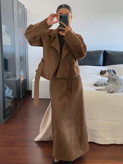 Livesso Women's Wool Blend Stand Collar Jacket, Casual Business Loose Fit Belted Outerwear, Suitable For Office, Street Wear, Autumn/Winter