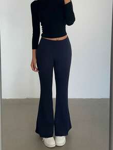 Flirla Women's Autumn/Winter Cable Knit Texture Navy Blue Flared Leggings - Navy Blue - View 3