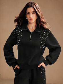 Anewsta Fashionable Embellished Beaded Loose Fit Pullover Sweatshirt, Grey, For Women, Autumn/Winter, Christmas - Black - View 5