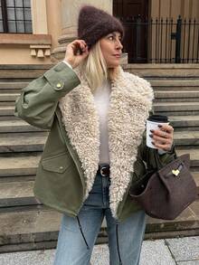 Livesso Women's Turndown Collar Fur Collar Military Green Regular Jacket Women Coats