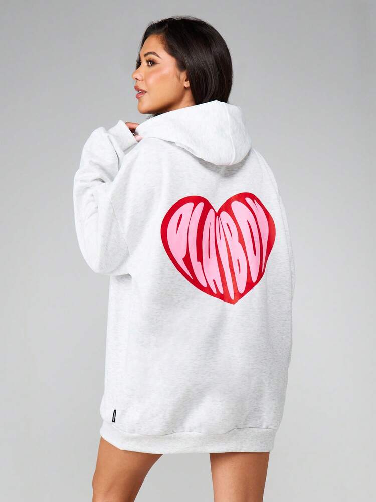 Missguided x Playboy Heart Print Oversized Hoodie Dress Mini Length Long Sleeve Comfort Fit Casual Valentine's Day Pullover Sweatshirt Dress