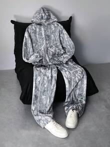 SHEIN 2pcs/Set Teen Boys' Leaf Print Hoodie Sweatshirt And Sweatpants Set, Loose Fit Comfortable Casual Fashion Streetwear - Multicolor - View 2