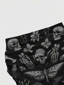 ROMWE Goth 哥特式暗黑神秘森林风格植物花卉骷髅蛾蝴蝶蘑菇日月星叶印花褶皱紧身美人鱼裙摆女装 - 黑色 - 查看 4