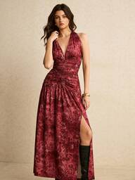 Poéselle Burgundy Dress ,Burgundy Floral Halter Maxi Dress For Women,Boho Dress,Elegant Halter Neck Ruched Maxi Dress With Floral Jacquard And Thigh-High Slit – Perfect For Evening Glam,Women's Vacation Cashew Print Waist Ruched Side Slit Dress Maroon Dress Long Dress With Slit Brocade Jacquard Dress Halter Neck Dress Banquet Dresses For Women