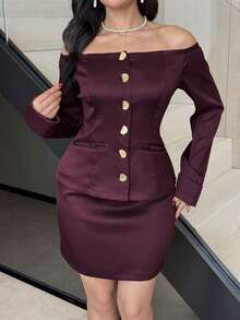 Modelyn Damen Metall Einreiher Off-Shoulder Langarm Bluse und Midi Rock elegantes 2 Stücke Set - Bordeaux - Übersicht 4