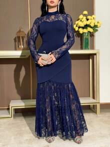 Modelyn Women's Elegant Lace Patchwork Sheer Collar Fishtail Hem Fitted Dress Elegant Party Dress