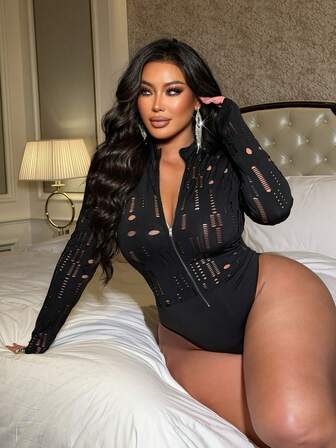NU&NOW Plus Size Hollow Out Fabric Zipper Fitted Sexy Elegant Bodysuit