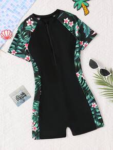 SHEIN 少女新款休闲度假泳衣，夏季沙滩黑色拼接绿色植物花卉拉链连体泳衣，夏季沙滩，冲浪 - 黑色 - 查看 6