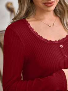 SHEIN 休闲长袖针织蕾丝U领修身孕妇上衣 - 酒紅色 - 查看 7
