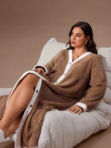 Lazeform Robe de chambre en flanelle à blocs de couleurs grande taille, moelleuse pour l'hiver - Camel - Voir 6