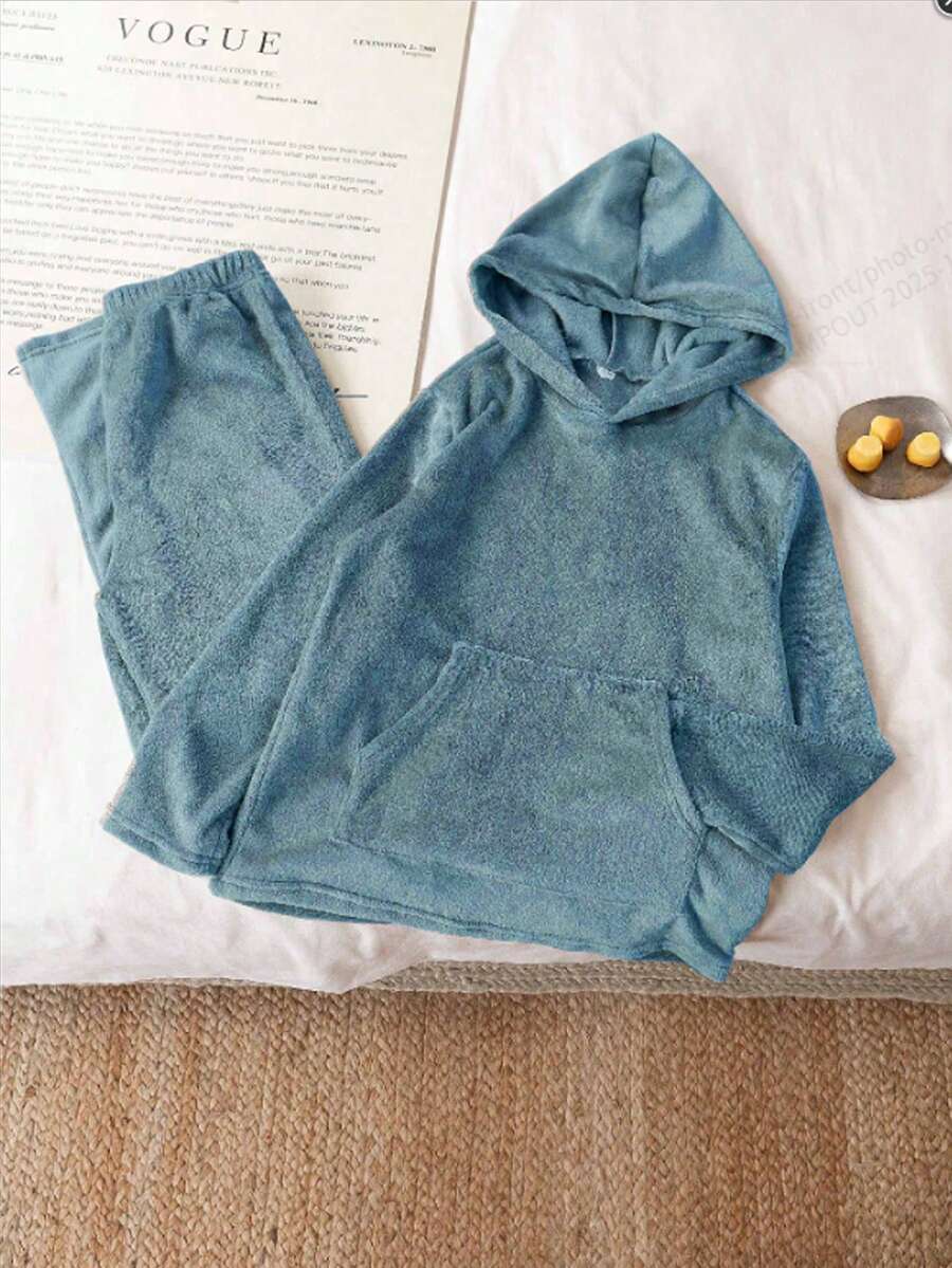 2件套青少年男童简约纯色抓绒连帽衫和长裤舒适家居服套装,藏蓝色 - 霧霾藍 - 查看 1