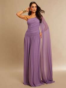 Silquee 优雅派对纯色单肩荷叶边连衣裙 - 紫色 - 查看 4