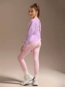 SHEIN Áo thun dài tay cho bé gái tuổi teen, thiết kế thời trang khoét lưng màu trắng. 1 áo thun dệt kim dài tay khoét lưng thoải mái, thoáng khí cho bé gái, phù hợp cho hoạt động trong nhà & ngoài trời, thể thao - Màu tím - Xem 6