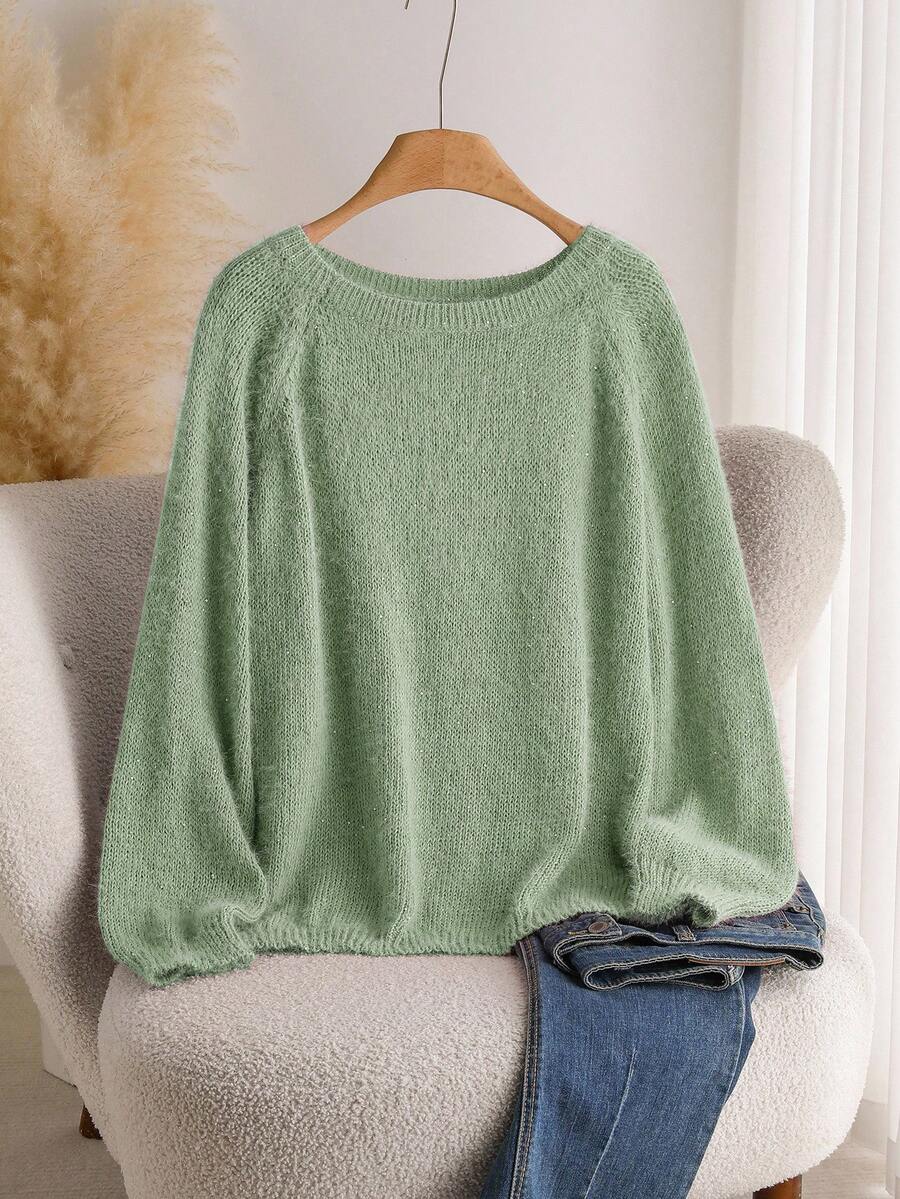 CosyJoli Plus Size Women Raglan Sleeve Casual Pullover Sweater, Fall/Winter/Spring Break - Mint Green - View 1
