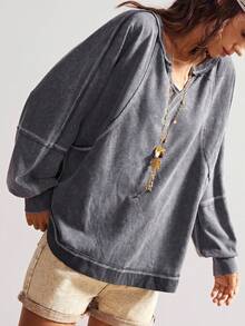 Bohemela 大码纯色简约长袖T恤，日常穿着 - 灰色 - 查看 3