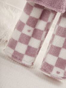 SHEIN 2 件套青少年女孩休闲心形刺绣长袖上衣和裤子家居服套装，毛绒面料，返校时尚女孩睡衣套装女孩冬季睡衣